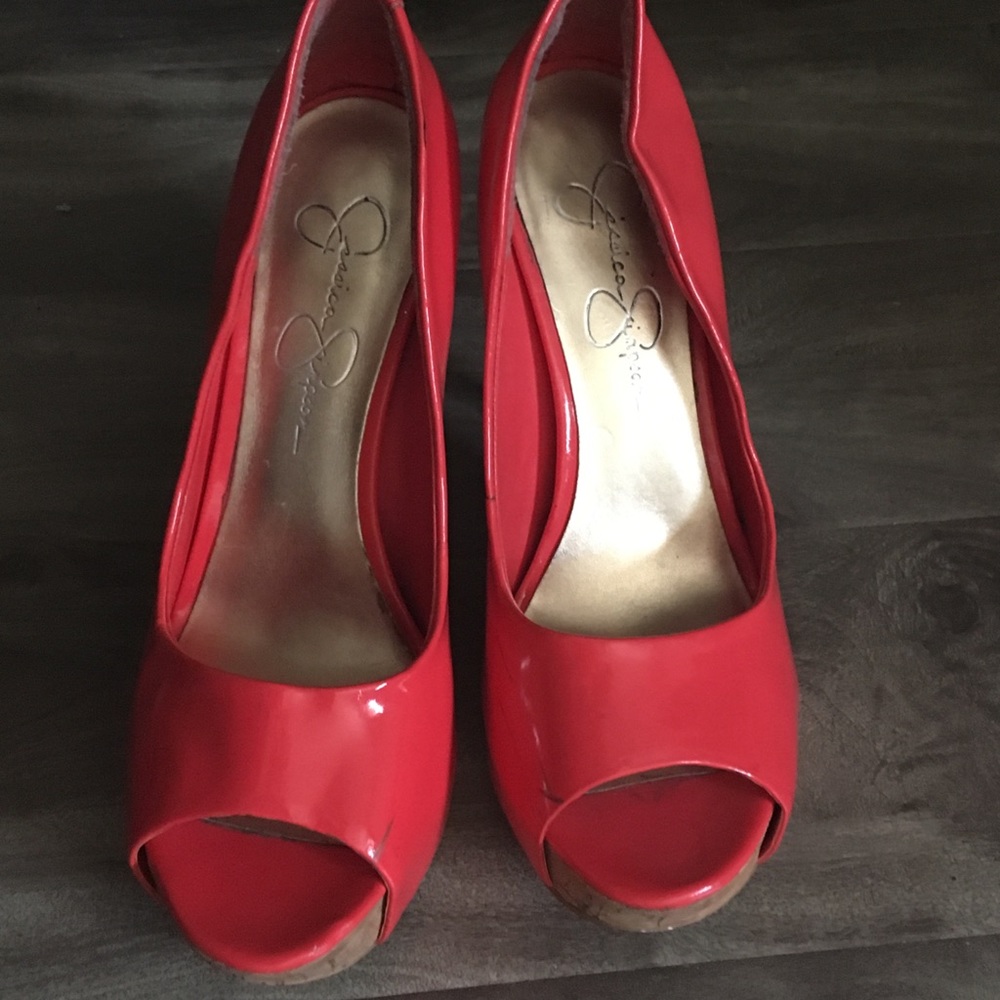 Jessica Simpson orange with cork heel platforms